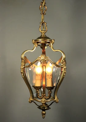 Antiga lanterna pendurada bronze dourado abajur pingente vidro curvo rococó italiano - Imagem 1 de 4