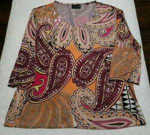 Mimi Royce Womens Blouse Size L Brown Yellow Red White Pasiley Designs Stretch  - Picture 1 of 12