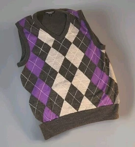 Express Design Studio Sweater Vest Purple Black Gray Argyle Pull Over Sz S Small - Picture 1 of 12