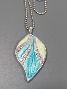 Boho Beach Coastal Green Blue Enamel Leaf Crystal Pendant Necklace 20 in - Picture 1 of 9