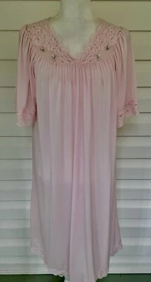 Vintage Shadowline Pink Nylon Long Nightgown Medium SS Pink Lace & Roses 70's - Image 1 of 4
