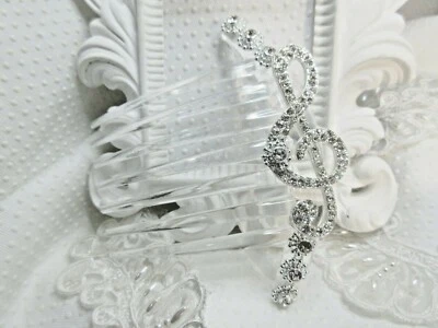 Treble Clef French Hair Comb Large Clear CZ Rhinestones, Music Teacher comb - Image 1 of 4
