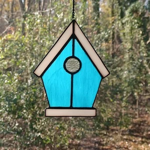 Real Stained Glass, Aqua/White Birdhouse, Ready to Hang , Not Plastic - Picture 1 of 2