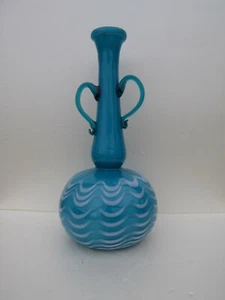 RARE LONG NECK VASE MURANO EMPOLI BLEU WITH APPLIED WHITE GLASS RETRO VINTAGE - Picture 1 of 5