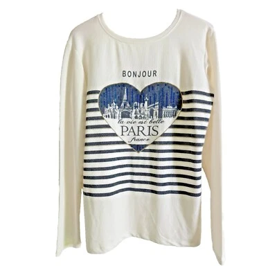Attitude Paris Souvenir Top Womens XXL PRE-OWNED White Blue Sequin Bonjour CHIC - Image 1 of 4