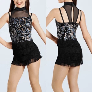 Weissman dance costume black sequin fringe Sixteen 13329 Adult MA - Picture 1 of 10