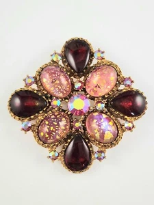 Vintage rosa Konfetti tiefrot CAB & AB Strass goldfarbene Brosche - Bild 1 von 7
