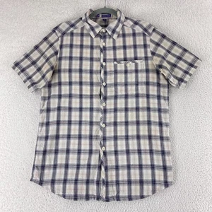 Ibex Button-Up Shirt Mens Medium Ivory Blue Plaid Organic Cotton Short Sleeve - Picture 1 of 12