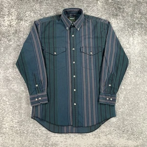 VTG Wrangler Shirt Mens Medium M Blue Green Stripe Gold Logo Western Button Down - Picture 1 of 12