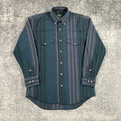 VTG Wrangler Shirt Mens Medium M Blue Green Stripe Gold Logo Western Button Down - Image 1 of 4