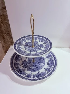 Serviteur  faïence bleue Lunéville présentoir à gâteaux 2 niveaux Collection Thé - Photo 1/4