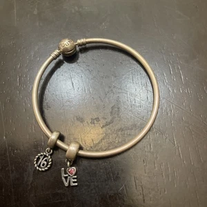 Pandora 925 Sterling Silver Moment Bangle Bracelet  Plus Sweet 16 And Love Charm - Picture 1 of 3