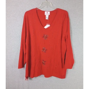 Quacker Factory Damen Pullover 3X rot Perlen Weihnachtsstern Blumen Seidenmischung - Bild 1 von 9