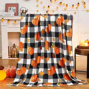 Pumpkin Check Plaid Flannel Blanket - Cozy Autumn Harvest Throw 30X40 inches - Picture 1 of 14