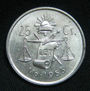 1953 Mexican 30% Silver AU/BU 25 Centavos - ROUND CAP & RAY BALANCE SCALE COIN - Picture 1 of 2