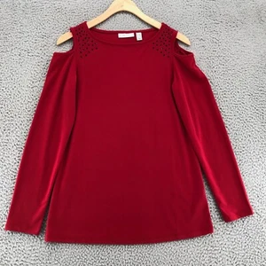 Susan Graver Top Womens XXS Red Long Sleeves Cold Shoulder Pullover Rhinestone - Picture 1 of 10