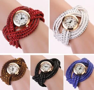 New Fashion Women Crystal Multilayer Leather Bracelet Quartz Analog Wrist Watch - Picture 1 of 15