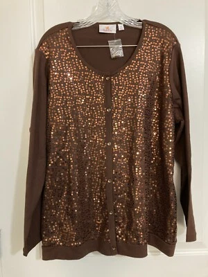 Cárdigan QVC Quacker Factory marrón brillante y brillante con lentejuelas 1X Foto 1 de 4