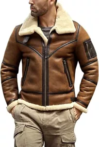 Men’s B3 Shearling Flight Jacket Aviator Winter Coat Fur Bomber Leather Brown - Picture 1 of 7