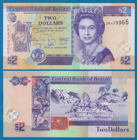 Belize 2 Dollars P 66f New date 2017 UNC  ( P 66 f ) Queen Elizabeth II Cover