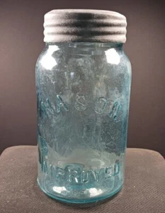 VTG  Light Aqua Quart Fruit Jar (Hero Cross lid) MASON’S IMPROVED Zinc ring - Picture 1 of 4