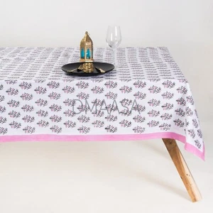 Pink Green Hand Block Floral Print Table Cover Indian Cotton Table Cloth - Bild 1 von 5