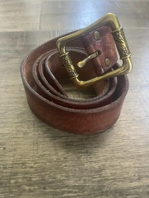 "Cinturón de cuero fósil marrón latón hebilla floral hippie boho talla 33""-37"" leer" Foto 1 de 4
