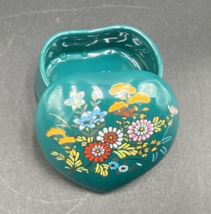 MCM Teal Pintado a Mano Floral Corazón Porcelana Baratija Caja con Tapa Hecho en Japón - Imagen 1 de 10