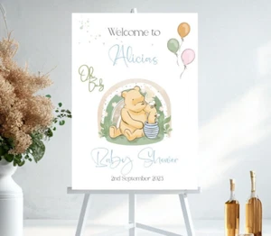 Baby shower pooh oso signo de bienvenida, pancarta de revelación de género, telón de fondo - Imagen 1 de 2