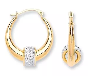 20% OFF PAIR 9CT HALLMARKED YELLOW GOLD FLOATING CRYSTAL BALL 20MM HOOP EARRINGS - Picture 1 of 5