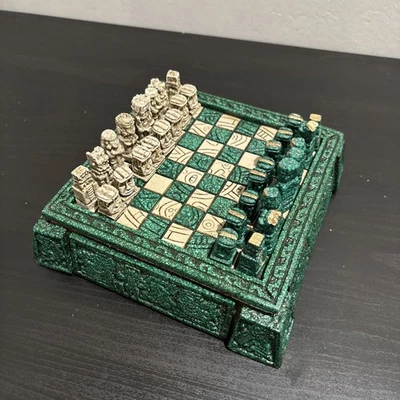Vintage Mini Mayan Aztec Chess Set Complete Green & White Wooden Resin - Image 1 of 4