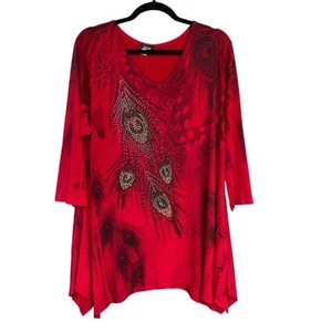 Jostar Peacock Blouse Womens Large Red Black Beaded Sharkbite Hem 3/4 Sleeve - Picture 1 of 10