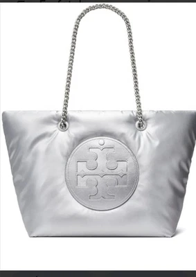 Nuevo con etiquetas Bolso de Hombro Grande Tory Burch Ella Cadena Nylon Plateado Metálico Logo Foto 1 de 4