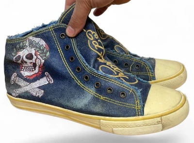 Vintage Y2K Ed Hardy High Top Sneakers Mens 12 Blue Slip On Laceless Skull Roma - Image 1 of 4
