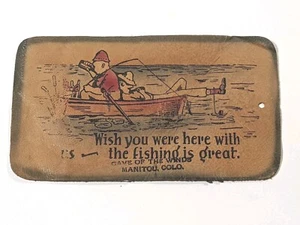 Antiker Leder Wildleder Aufnäher Manitou Colorado Höhle der Winde 1900-1909 Angeln - Bild 1 von 7