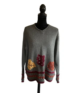 Ms Lee Damen XL olivgrün Seide Wolle Kaninchenhaar Mischung Herbst Blatt Druck Pullover - Bild 1 von 6