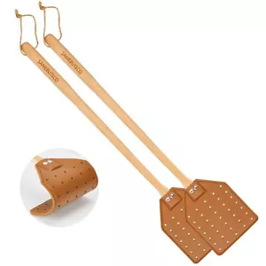 Heavy-Duty Leather Fly Swatter 19.7" Wood Handle 2 Pack Brown - Picture 1 of 7