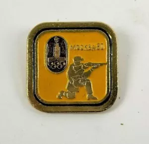 Vintage Shooting Mockba Russian USSR Yellow Olympic Games Square Pin Pinback - Picture 1 of 2