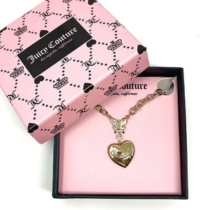 JUICY COUTURE Heart Butterfly Pendant Necklace Gold Tone Logo Crystals Bling NIB - Picture 1 of 14