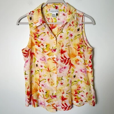 Jaclyn Smith 100% Silk Sleeveless Floral Button Up Top Shirt Blouse Size Medium - Изображение 1 из 4