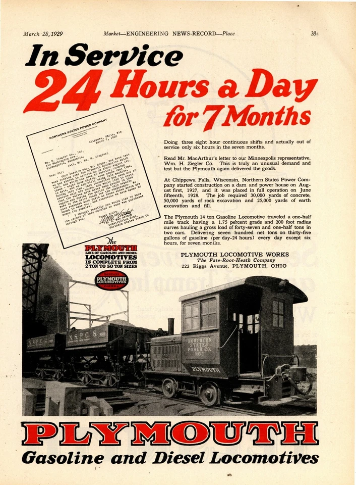 1929 Plymouth Locomotive Ad: Northern States Power Co. Chippewa Falls, Wisconsin - Image 1 of 1