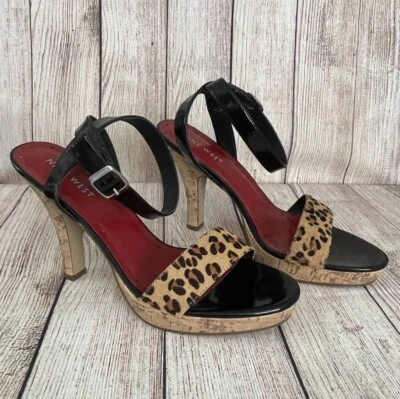 Nine West Black Patent Heels Leopard, Cork Heel & Platform, Ankle Strap, Size  9 - Image 1 of 4