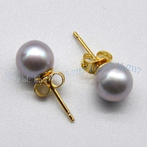 AAA Perfect Round Silver Gray Akoya Real Natural Pearl 14K Gold Stud Earrings - Picture 1 of 12