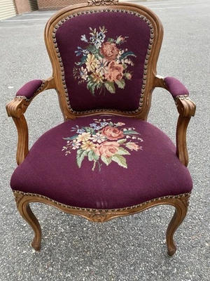 Antique French Louis XV Style Carved Needlepoint Upholstered Chair C1900 - Image 1 of 4