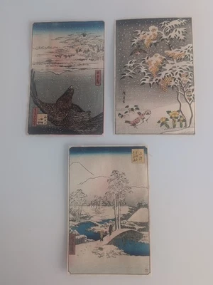 Juego de grabados en madera japoneses vintage (3) paisajes de invierno, aves, nieve... Foto 1 de 4