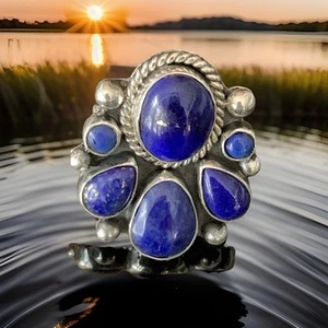 NAVAJO DAVID LISTER LAPIS LAZULI STERLING SILVER CLUSTER RING NATIVE AMERICAN - Picture 1 of 13