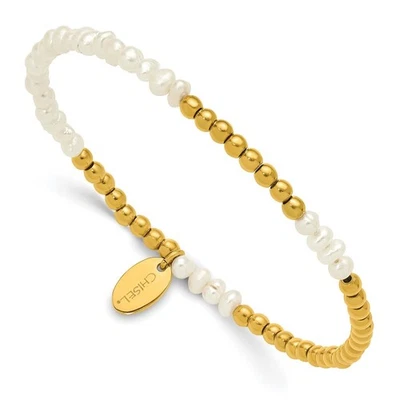 Stainless Steel Yellow IP-plated 3mm White Pearl Beaded Stretch Bracelet 6.5" - Image 1 of 4