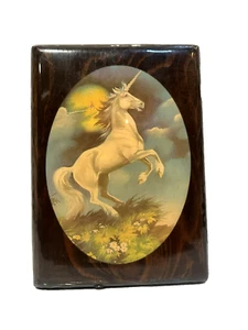 Vtg 80's Unicorn Lacquered Wood Decoupage Wall Art 9"×6.5" Made in Canada - Picture 1 of 5