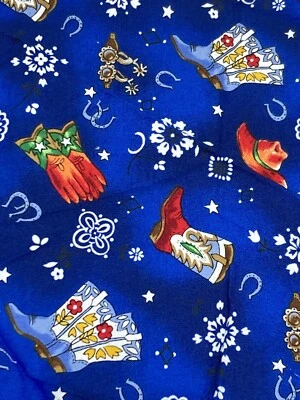 VTG Fabri-Quilt Fabric Trail Mix Cowgirl Boots Western on Bandana Blue 13"x44"W - Image 1 of 3