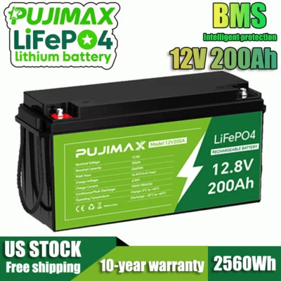 PUJIMAX 12V 200AH LiFePO4 Lithium Battery Deep Cycle BMS for Solar Panel RV Off-grid US